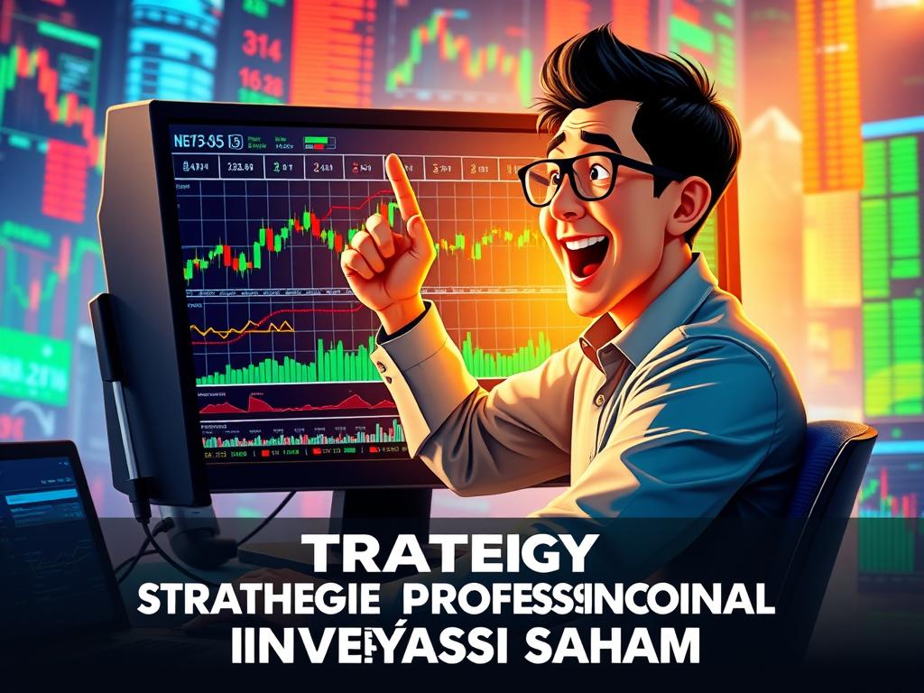 buatkan saya sampul buku yang berjudul "strategi profesional dan rahasia investasi saham" berlatar belakang digital dan ada orang bermain saham yang lagi naik pesat di depan komputer