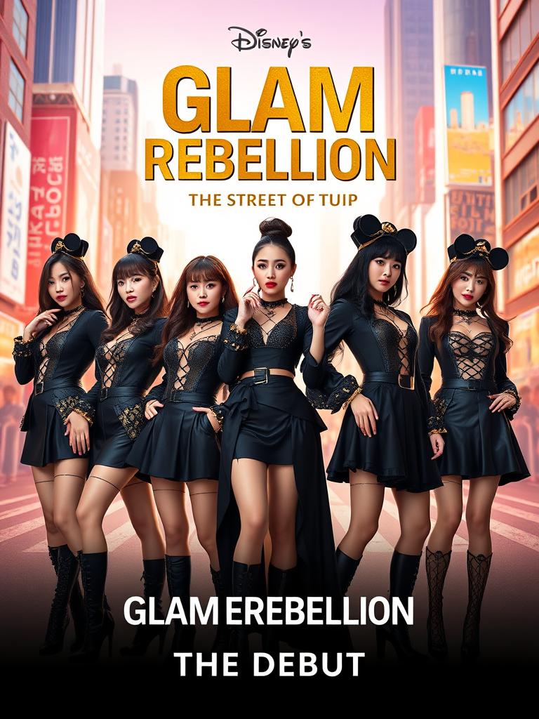 Create a kpop girl group with 5 members and their concept is 
Concept: Rebelliousluxuryblack & gold couture with street glam edge. Each look reflects the member's role and energy,cohesive for their first debut. 