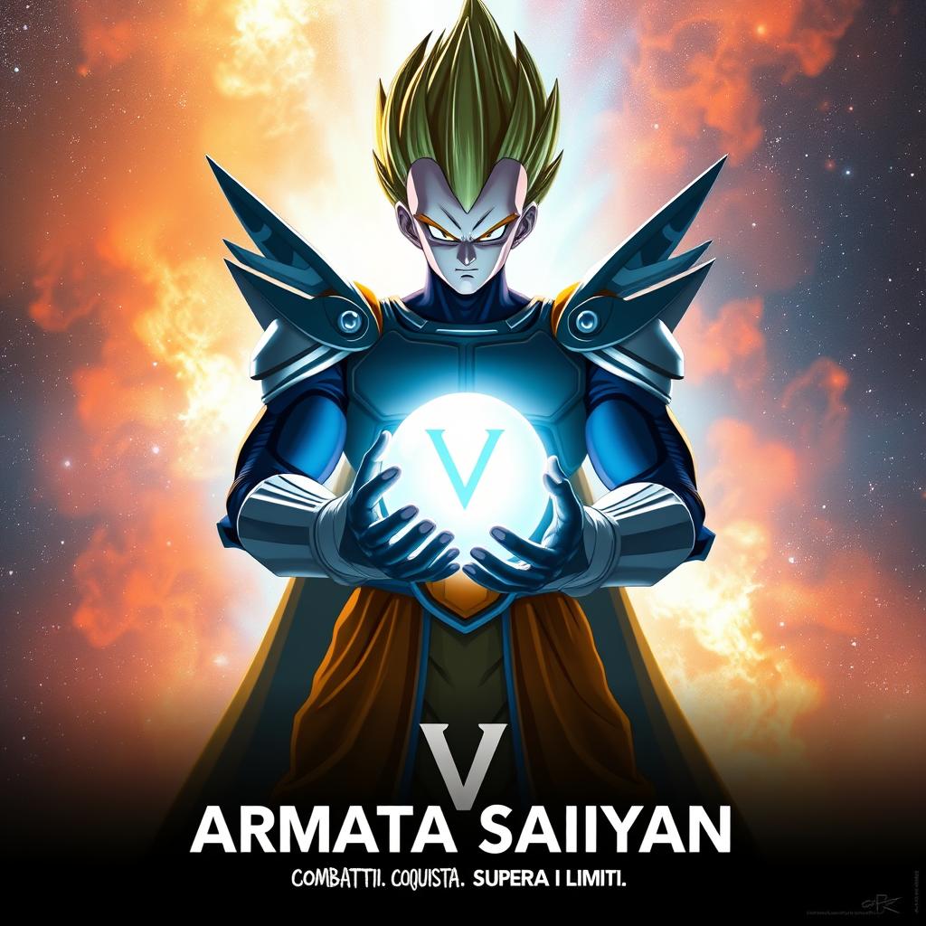 Logo "Armata Saiyan – Football Team 2024"

Guerriero cosmico astratto, protagonista imponente

Armatura originale, ispirata a Vegeta 

Sfera di luce pura tra le mani

Aura energetica che avvolge il corpo

Texture galassia viva sullo sfondo

Colori: Arancione, Blu elettrico, Bianco, tocchi neri per contrasto

V e Z nascoste, stile runico o glifico

Motto: Combatti. Conquista. Supera i limiti.