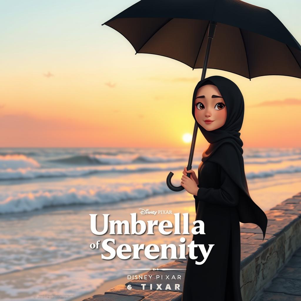 A semi-realistic digital illustration of a Muslim woman in a black hijab holding a black umbrella, standing on a stone barrier near the beach, soft ocean waves in the background, sunset sky, peaceful expression, digital painting with realistic touches.