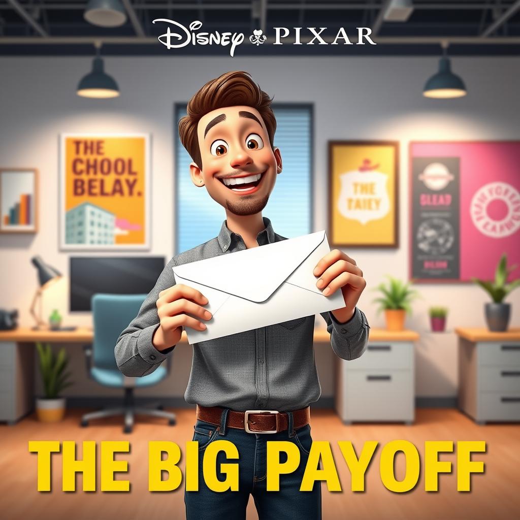 A man stands in an office or a bank, holding an envelope or a paycheck with a big smile on his face. His eyes are bright, and he has a sense of excitement. The background could include a desk with a computer and some decorations that suggest a workplace.
Create a picture of this