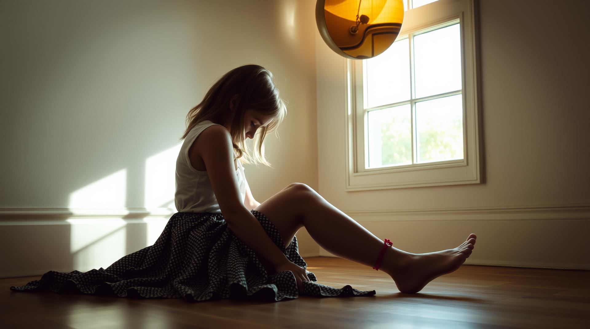"A girl sitting on the floor, head down, soft light through the window"