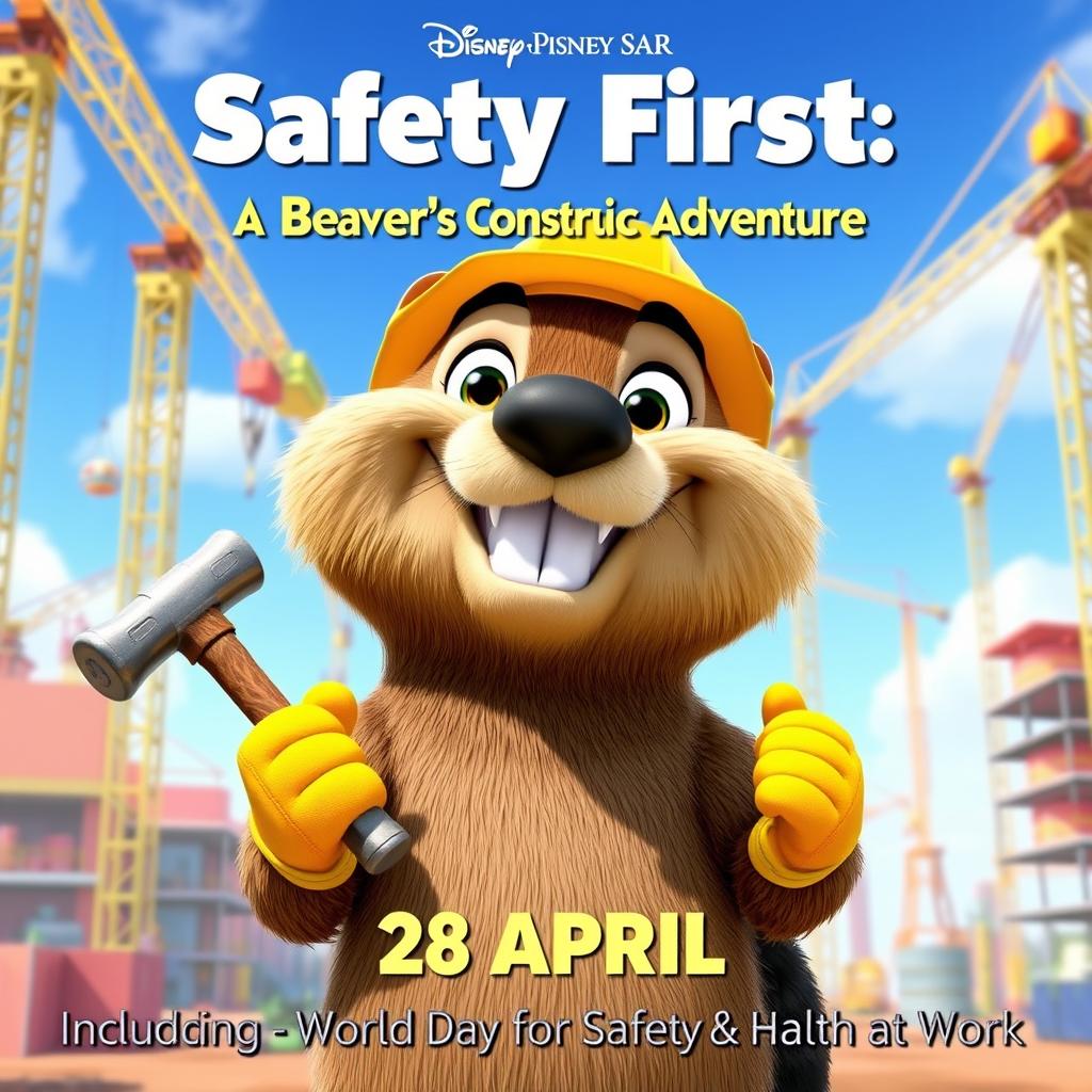 "A smiling beaver wearing a yellow hard hat and gloves, holding a hammer, standing on a construction site with cranes and scaffolding, bright colors, top text: '28 April - World Day for Safety and Health at Work', cartoon style, cheerful atmosphere."