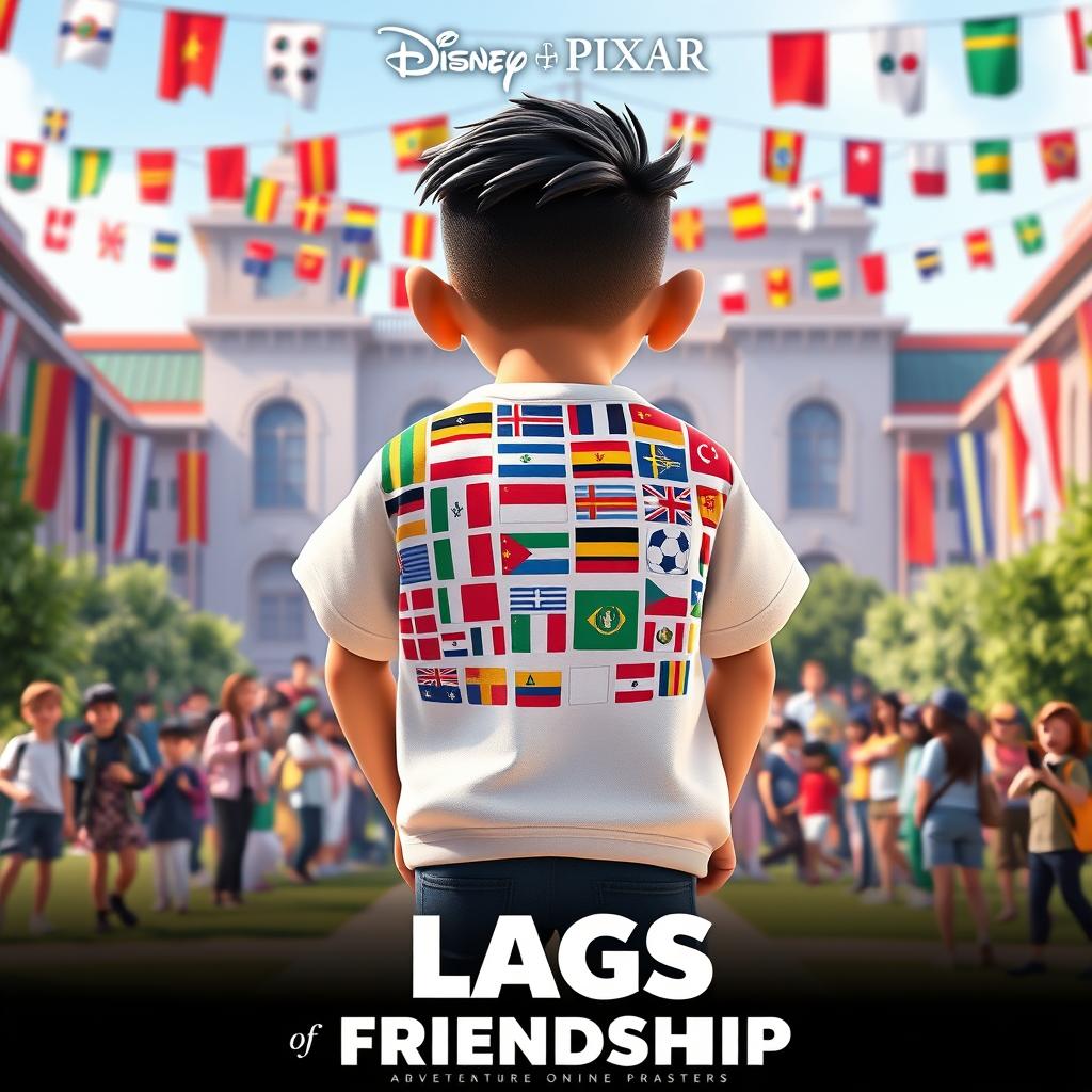 "White oversized t-shirt back view with creative mixed flags pattern, trendy university style, no text, photorealistic"