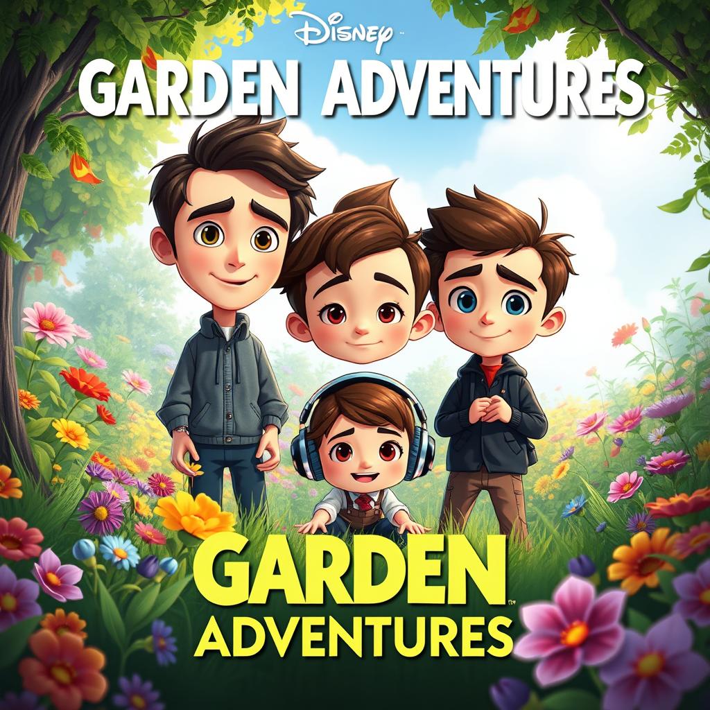 Three chibi-style characters playing in the garden, two of them is tall, and the other one is still a child wearing headphone, make them all male. Large heads, small bodies, simple line art, minimal facial details, cozy style, clean outlines.