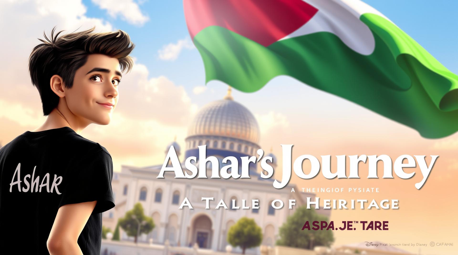 There are phalesten flag in front a handsome 20 year old boy is standing from front aqsa and in his black
 t shar with name ashar written on the back and to back and to big aqsa flag in front of him. Art panting realistic photo
