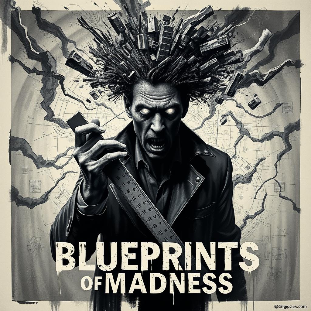 Black and white portrait of a mad architect, his face partially dissolving into blueprints, burning white eyes, ink-stained hands clutching a broken ruler, hair made of crumbling bricks, expressionist style with thick brushstrokes, high contrast shadows, surreal horror aesthetic, influenced by Francis Bacon and Zdzisław Beksiński, monochrome etching with splatter effects