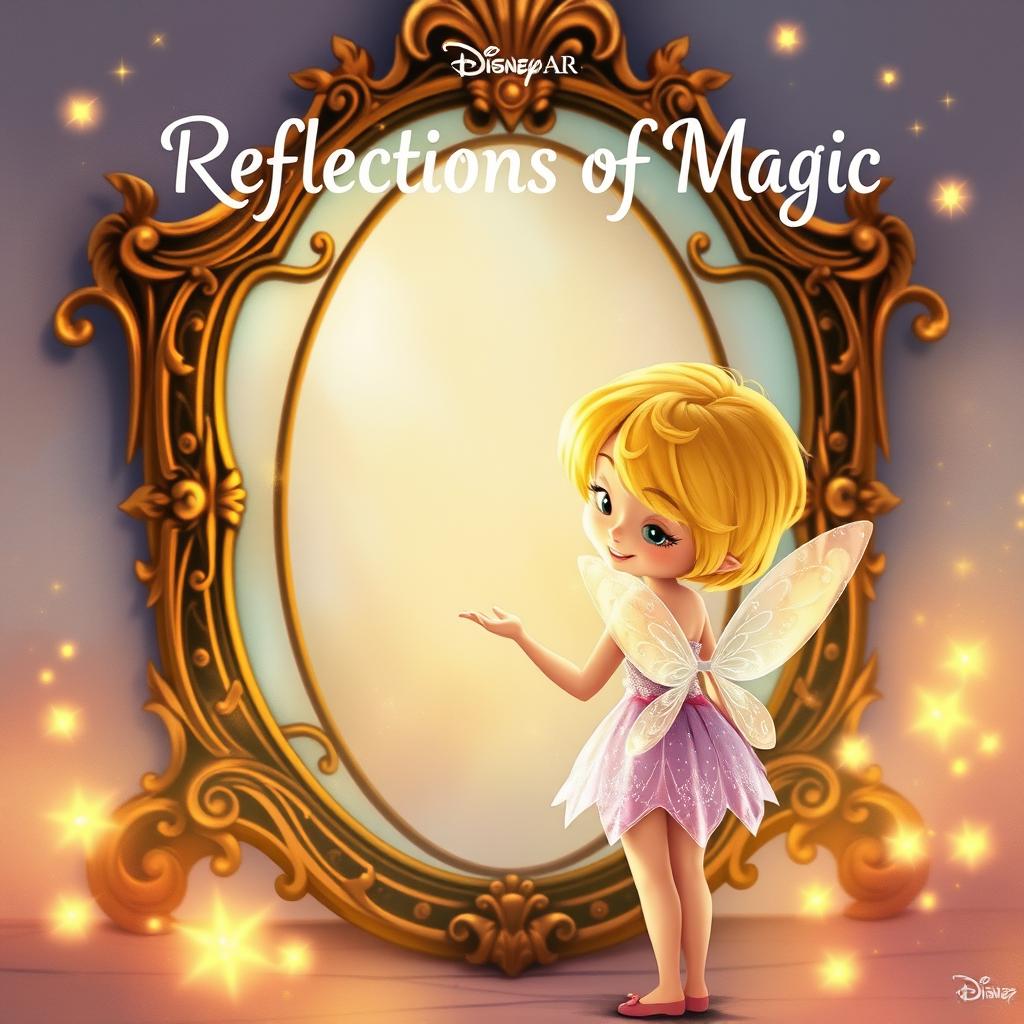 A cute blonde fairy with short hair, wearing a sparkling pastel dress, standing in front of a giant ornate mirror, looking at her reflection with a curious and dreamy expression, surrounded by glowing fireflies and magical sparkles, soft watercolor children's book illustration style, warm and gentle colors, whimsical and enchanting atmosphere
, in cartoon style