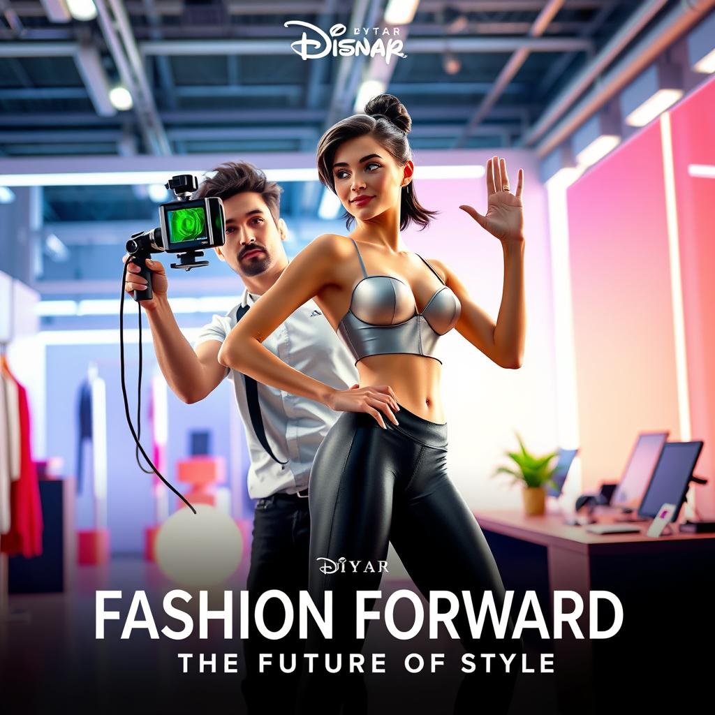 "A bright, fresh, and modern fashion studio. A handsome male model holds a LiDAR scanner, scanning a stunning female model. The woman wears a stylish bustier and tight leggings, striking a perfect A-pose. High-tech, clean lighting with a futuristic vibe."