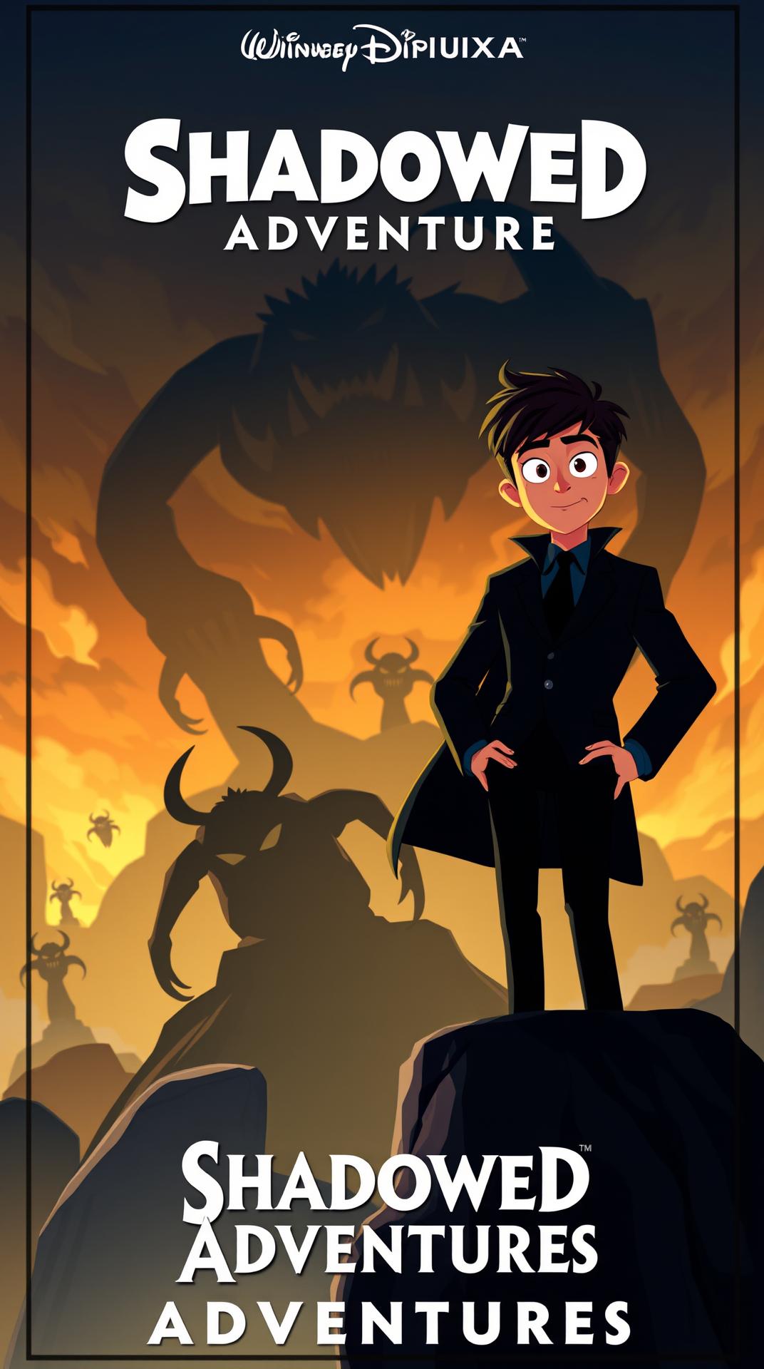 young man in a dark suit stands defiantly on a rocky outcrop, silhouetted against a dramatic sky filled with menacing, shadowy creatures., in cartoon style
