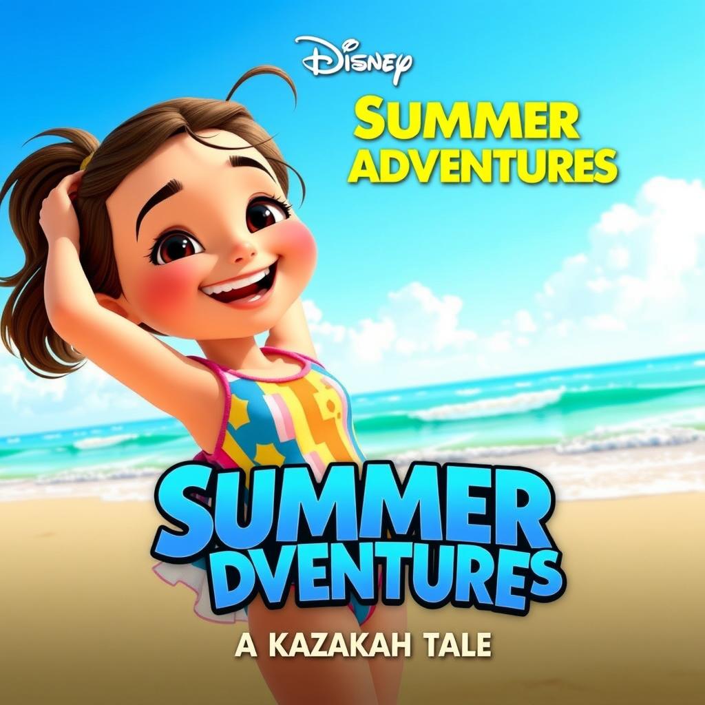 Kazakh girl on the beach, in a Disney-style swimsuit, in Disney Pixar poster style