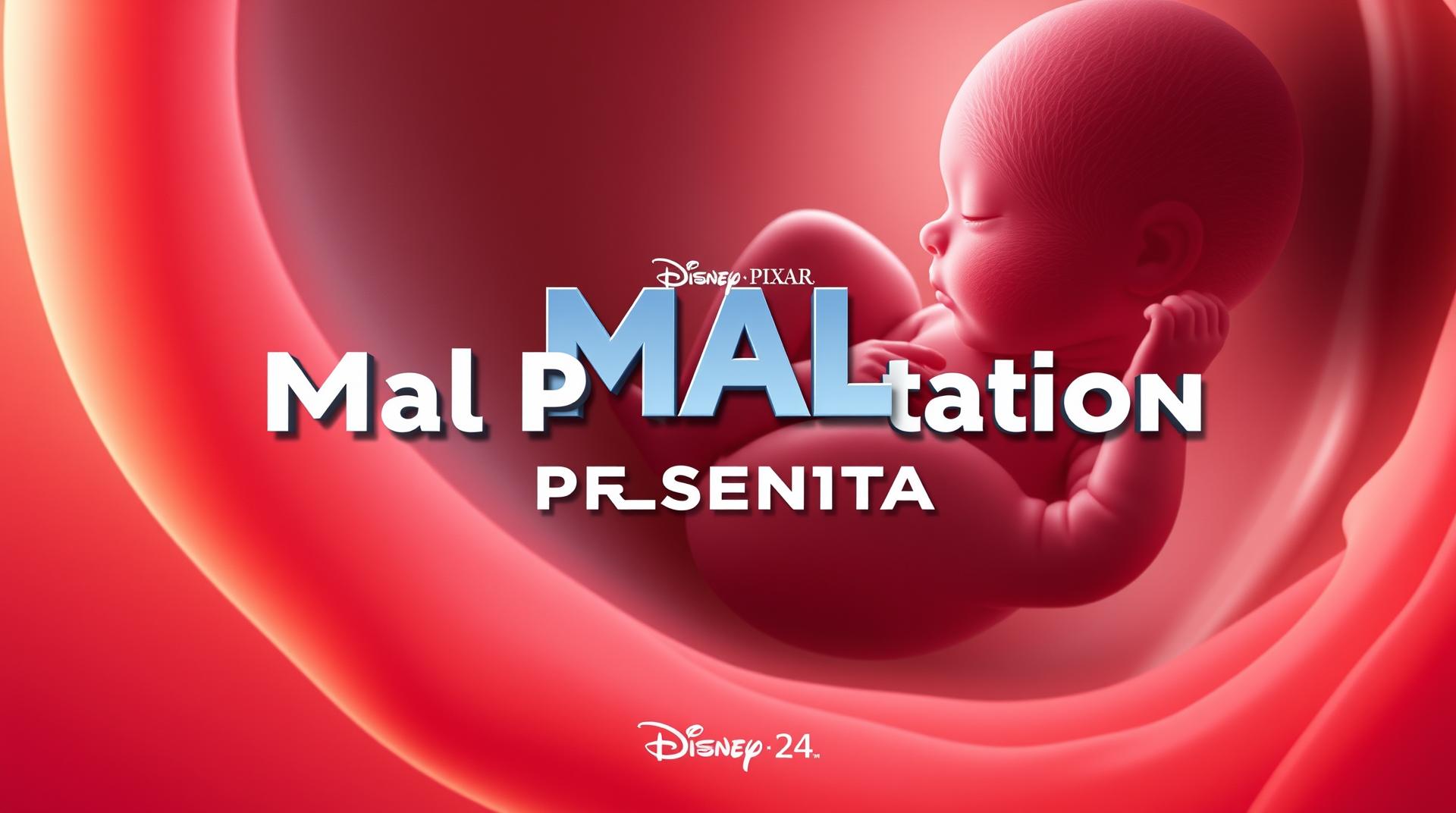 "Create a poster with a medical-themed background showing a realistic fetus inside the womb. The background should be soft and warm-toned, symbolizing life and development. At the center, add the word 'Mal Presentation' in large, bold 3D text, with a modern and glossy finish. The text should look like it's emerging from the image. Keep the overall design clean, in Disney Pixar poster style