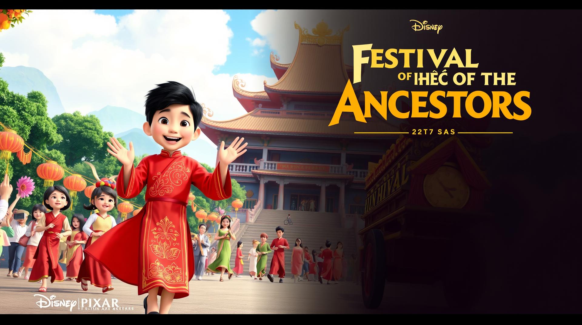 Rước kiệu lễ hội giỗ Tổ Hùng Vương tại Đền Hùng người tham gia ùn tắc lối lên , in Disney Pixar poster style