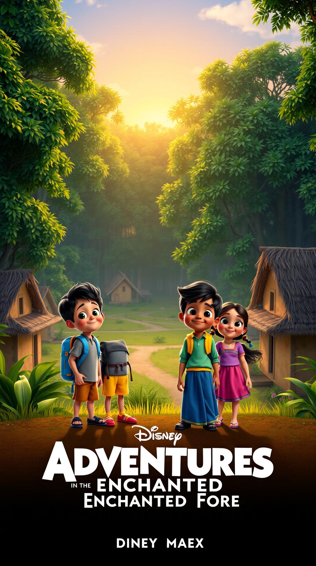 A beautiful, hand-painted illustration of a small rural Indian village nestled at the edge of a lush, dense forest. Traditional mud houses with thatched roofs, children playing near the trees, and tall green trees forming a natural wall behind the village. The sun is setting, casting golden light across the sky. Include four main children characters – two boys and two girls – around 10 years old, wearing backpacks, looking toward the forest with curiosity."