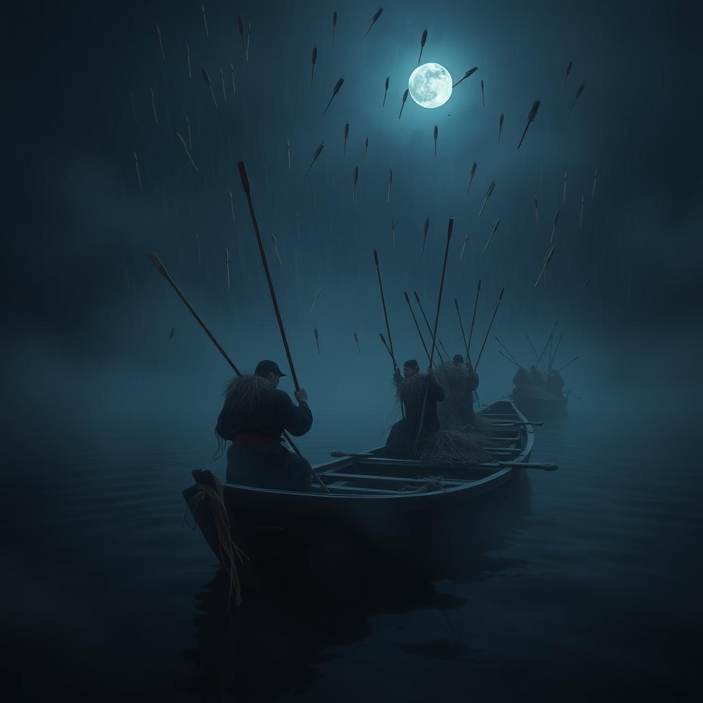Dark, misty night on a river. Ancient Chinese wooden boats covered with straw men and straw bundles. Arrows raining down from hidden enemies, piercing the boats. Dim moonlight, foggy atmosphere, deep blue and gray tones. Cinematic, dramatic, historical style."