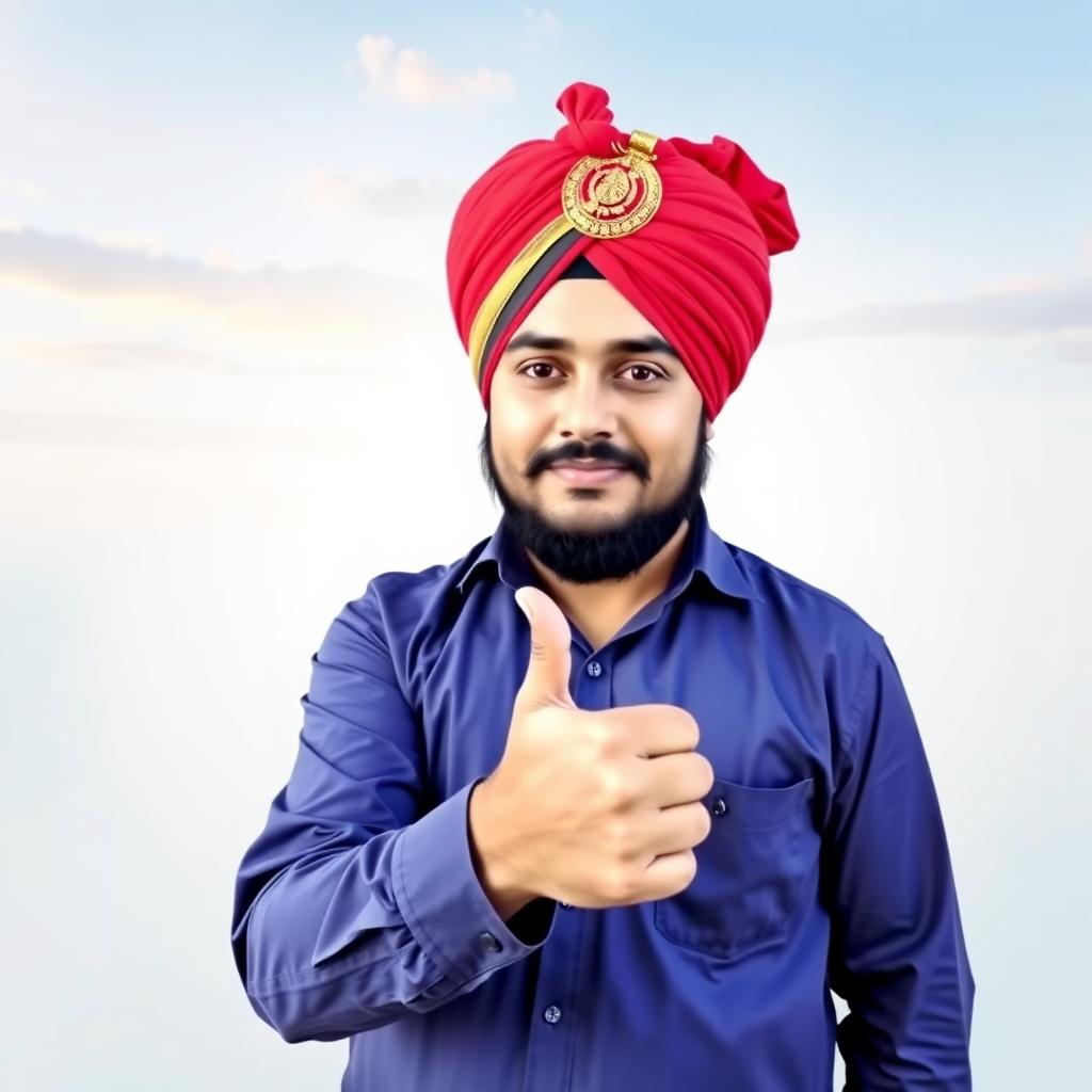 imagine youre a good photo manipulator, make me a picture of a short fat boy, using a turban inspired by sarimi logo, and showing his thumb like its fine