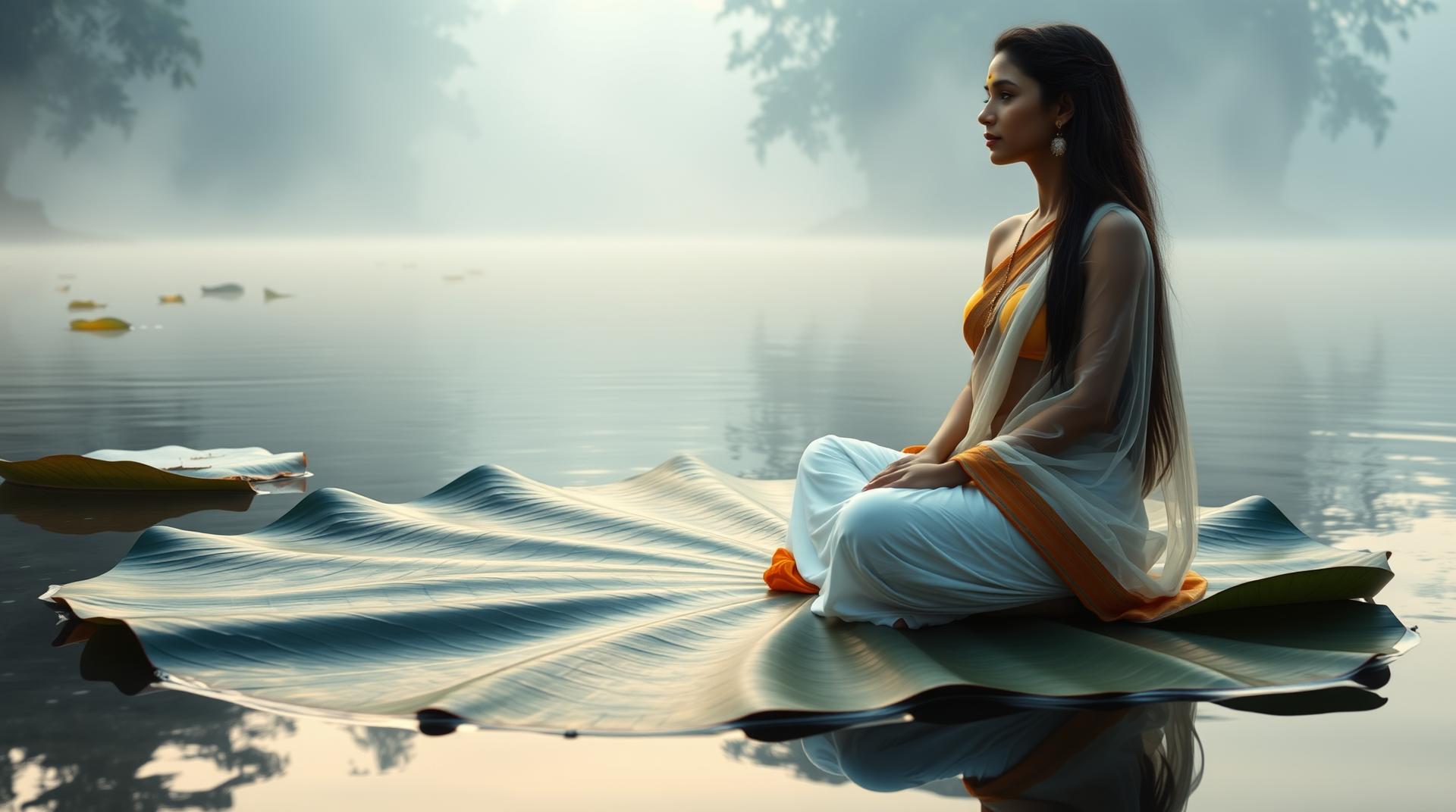 A mystical Indian river with a large lotus leaf gently floating on the water. On the lotus sits a wise Indian sadhu with long white hair, a flowing white beard, and saffron robes, meditating calmly. Beside him is a stunning Indian woman with dusky skin, long black hair, and wearing a traditional yet minimalistic choli (a short Indian blouse) and flowing transparent dupatta. Her posture is graceful and poised, sitting cross-legged with serenity. The sadhu is in deep meditation, while she gazes at the horizon with mystery in her eyes. Early morning light, fog rising from the river, 4K ultra-realistic cinematic photo