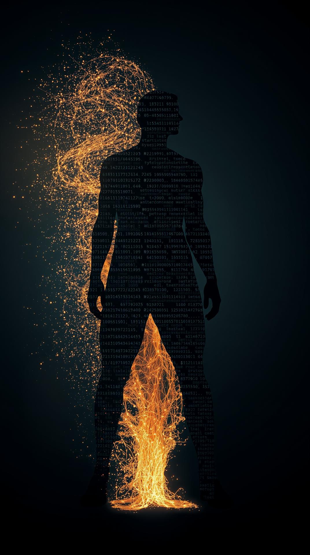 Hyper-realistic digital painting of a human silhouette made of digital code dissolving into the air, symbolizing life and death. Dark background, glowing code lines, slightly futuristic.