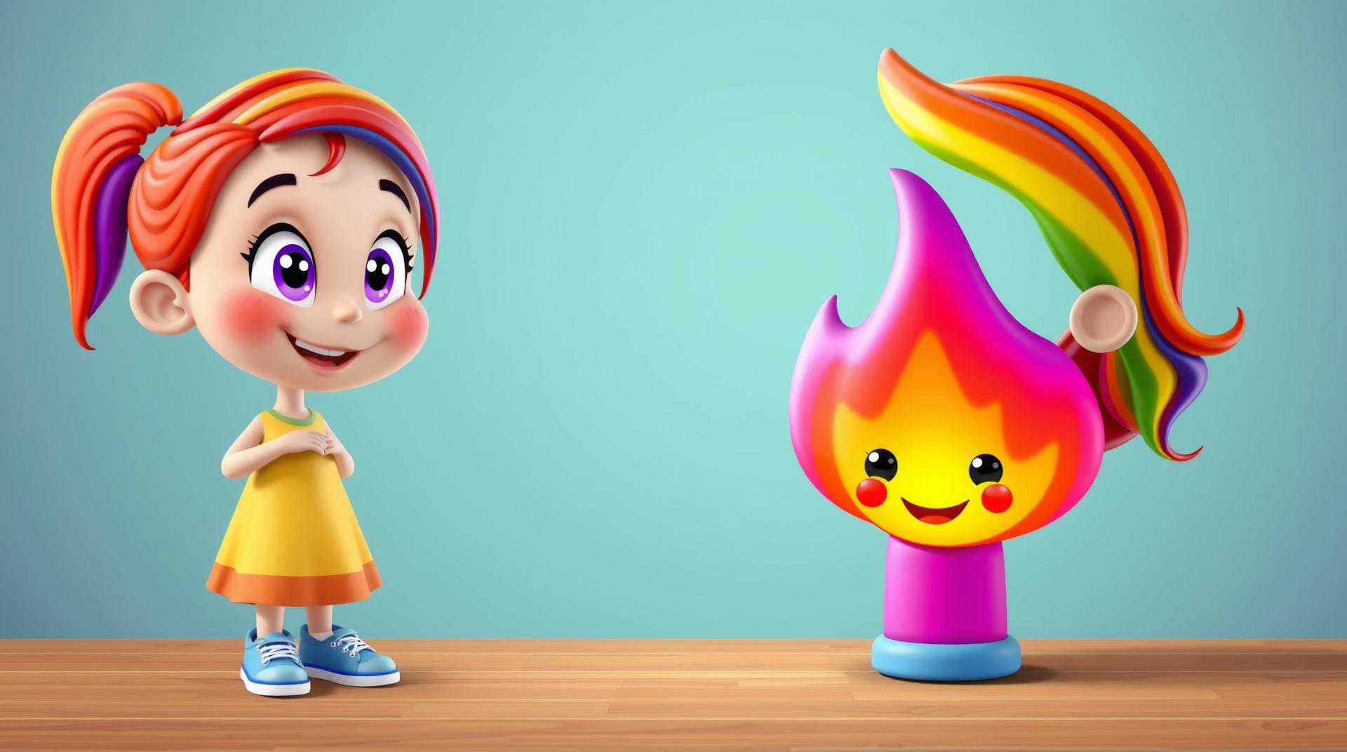 [A colorful 3D digital illustration], [cartoon style], [of a happy little girl], [age 6], [thin] [fair skin color], [rosy cheeks], [long colorful hair] Hair colors Red, orange, yellow, green, blue, purple], [Rainbow-colored dress], [blue sneakers]. [She has big violet eyes] and [a cheerful expression]. [Beside her, there is a cute, lively flame] [with a face], [big eyes] and [a smile], [shining orange and yellow, vibrant orange, golden yellow, soft red]. teaching geometric figures in the classroom
