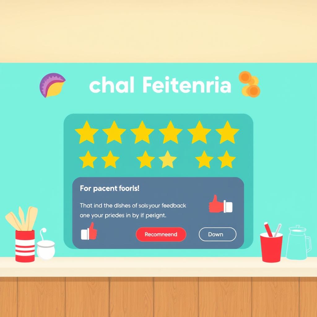 A digital interactive board design for a school cafeteria, featuring star ratings for dishes, text input for feedback, and a recommendation button for students. Clean, user-friendly interface with vibrant colors and intuitive navigation. The board is designed for a large touchscreen or mobile device, easy for students to use. Modern, minimalistic style with school-themed design elements, with options for thumbs up/down for feedback.