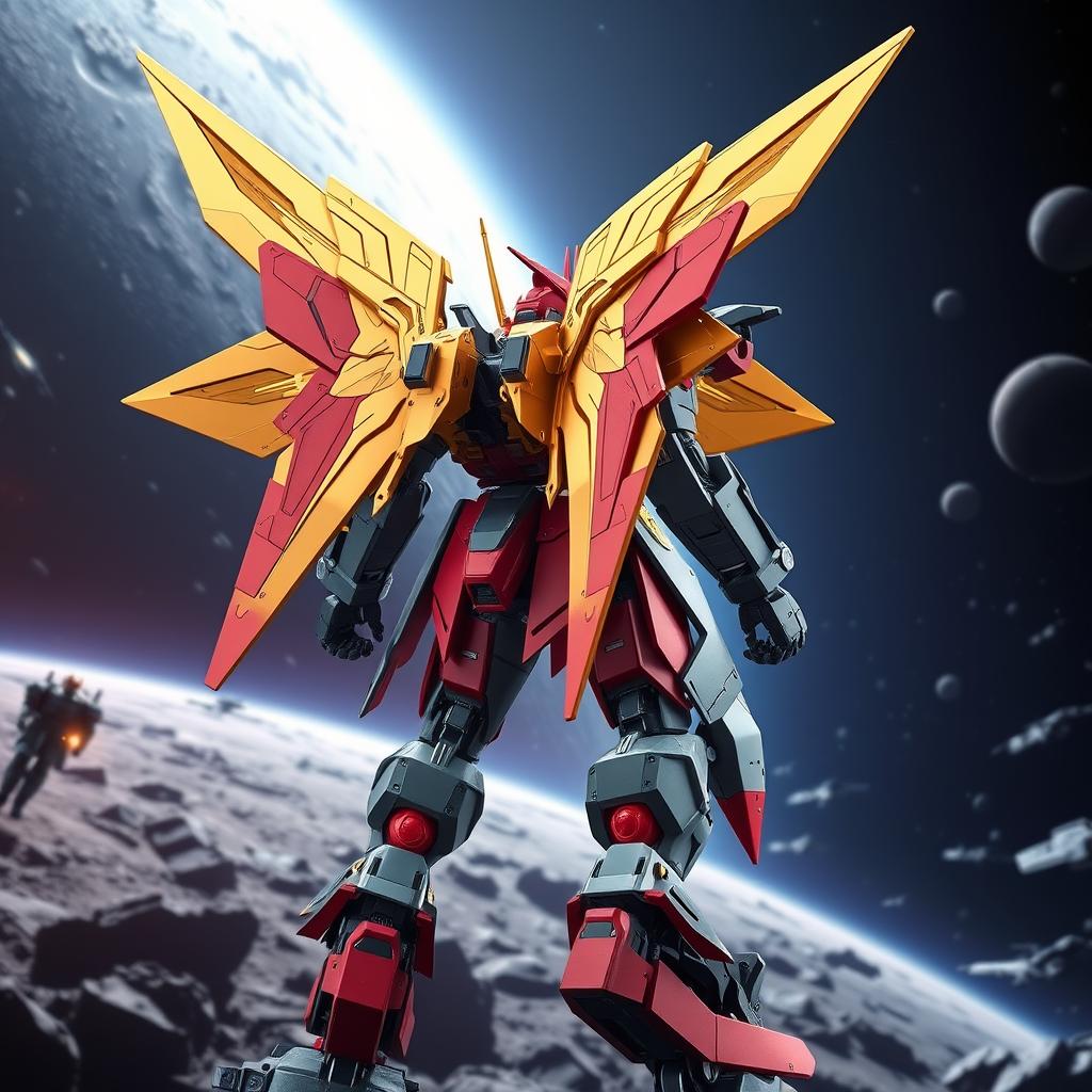 Gundam model modification design, HG 1/144 Amazing Barbados Sirius, back modified RG Gold Heretic Sky Hana backpack, backpack with golden mechanical wings and large thrusters, main body of deep red and gray black armor, exposed skeleton details at joints, self-made transfer parts at backpack connections, overall style tough and sharp, background of space battlefield, strong light and shadow contrast, high-definition 8k