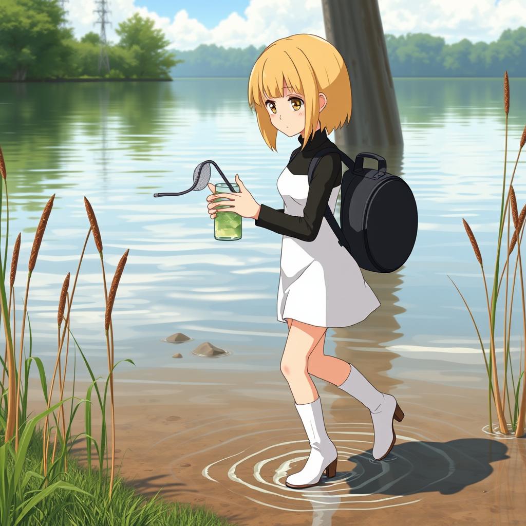 Cartoon scientist blondy walking in water near lake shore, stepping carefully among the reeds with small jar of water and bug net in hands. Wearing lot of completely inconsistent clothes: soft white plastic tube dress with black turtleneck collar and white tigh-high heel boots. Small black round backpack behind her back. Complex stage outfit. Rendered in a detailed 2D anime style, reminiscent of beautiful Studio Ghibly animation.