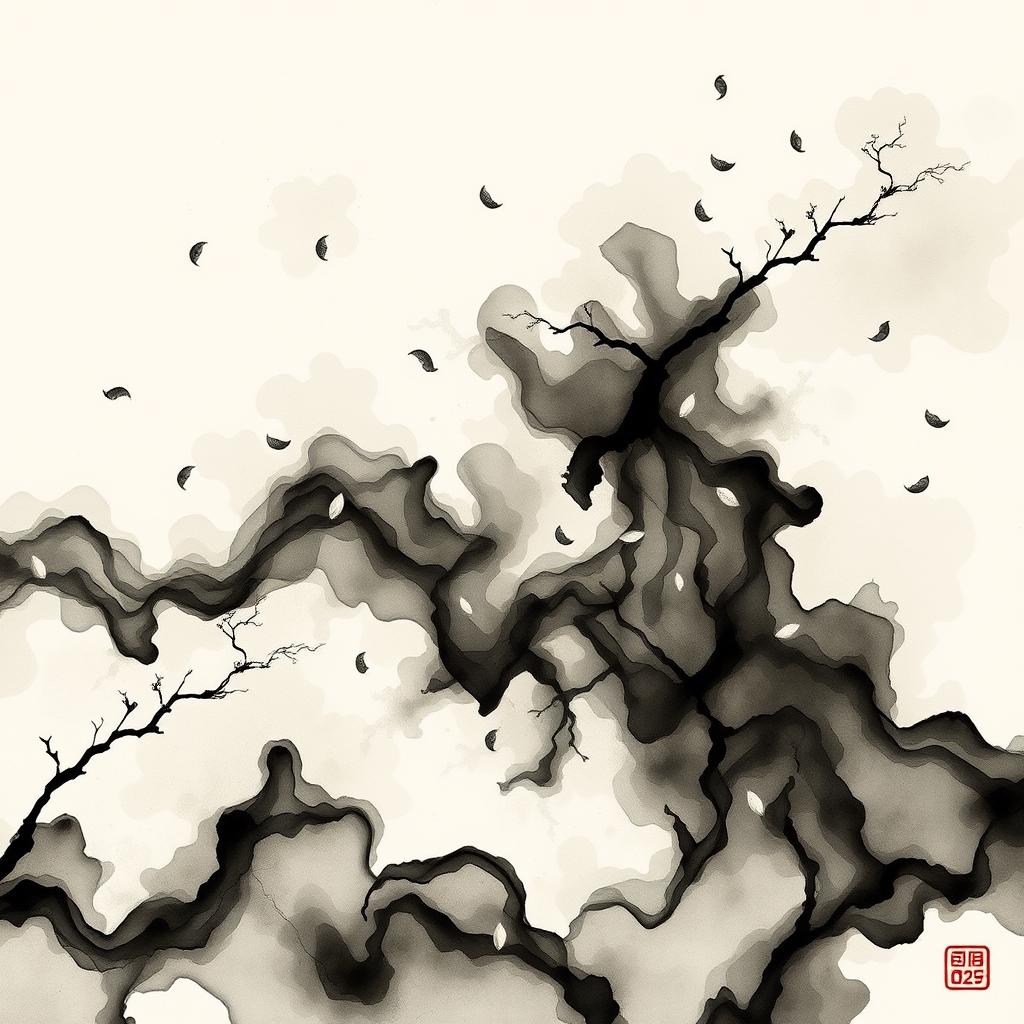 Fluid ink cloudscape in #B0A4E3 and #A3C1AD , Ming dynasty divination slips floating like leaves, holographic date display using Yuan dynasty ink diffusion technique --ar 1:1 --style ink_painting --v 5 --no gold --no brown --no text --low_contrast