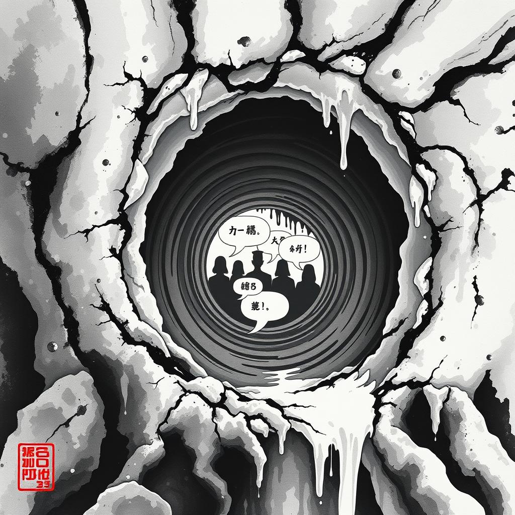 Ancient hollow tree trunk forming cave entrance in #6C7A89 , internal rings showing user silhouettes in #8A95A5, ink-dripping dialog bubbles floating from the hollow, Southern Song dynasty ink textures with stalactite details --ar 1:1 --style ink_painting --v 5 --no gold --no brown --no text --low_contrast--seed [33]