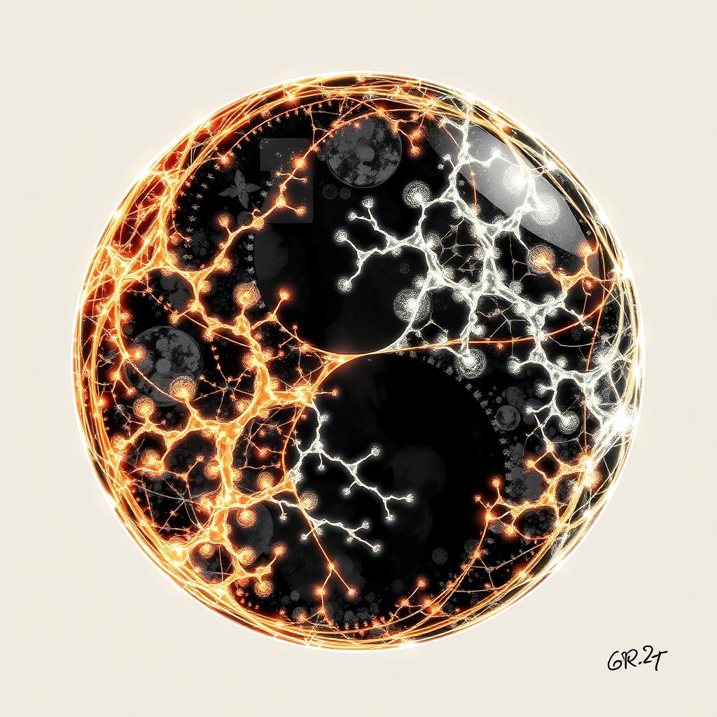 Futuristic yin-yang interface with #5B7C9D binary streams, glowing neural networks in #8FB3C7 , holographic yarrow stalks forming quantum patterns, Nan Song dynasty ink textures merged with glass material --ar 1:1 --style ink_painting --v 5 --no gold --no brown --no text --low_contrast--seed [33]