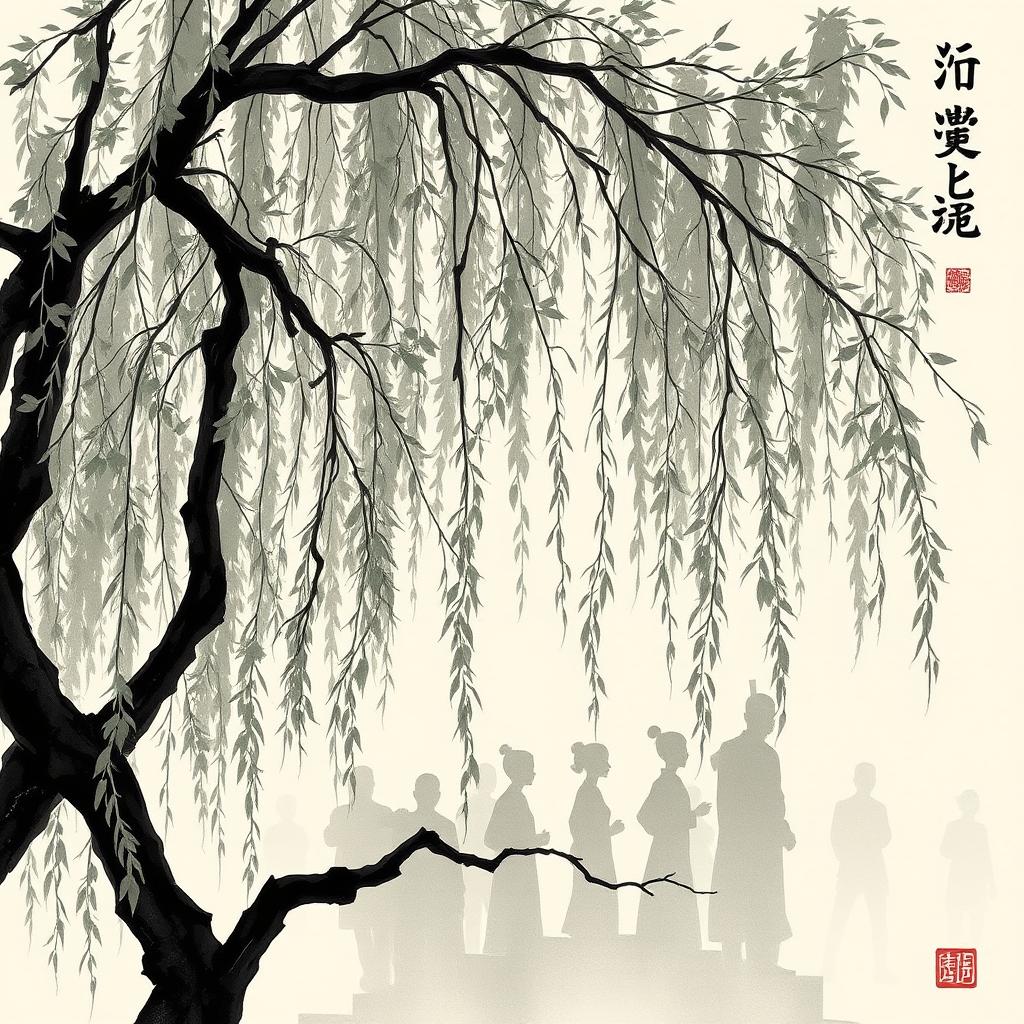Whispering willow with #A8B2C0  foliage, abstract user silhouettes in #8A95A5 , dialog bubbles containing Ma Yuan-style ink splashes--ar 1:1 --style ink_painting --v 5 --no gold --no brown --no text --low_contrast--seed [33]
