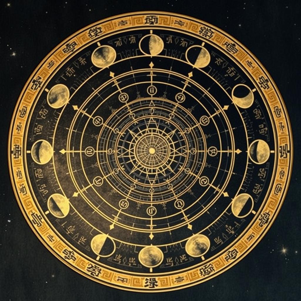 Celestial mandala with #C3B1E1 (淡紫) star paths, Northern Song dynasty astrolabe patterns in #88B7B5 (青白), translucent xuan paper overlay showing fading 28 lunar mansions, reserved 35% negative space at center --ar 1:1 --no text