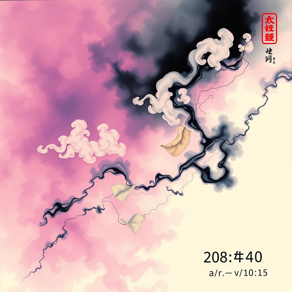 Fluid ink nebula in #B0A4E3 (雾紫) and #A3C1AD (竹青), dynamic cloud patterns predicting fortune, Ming Dynasty divination slips floating in airflow, subtle holographic date display at bottom-right --style ink_animation --ar 1:1 --v 5