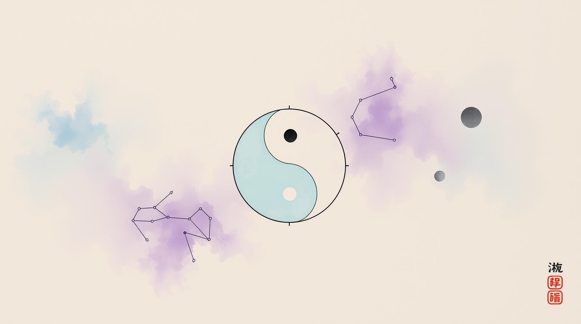 A misty Yin-Yang constellation map with #E6E6FA (lavender mist) and #B0A4E3 (pale wisteria) gradients, low contrast ink wash effects on raw silk texture, Song Dynasty celestial chart motifs in faded cyan (#88B7B5), translucent rice paper overlay with faint brushstrokes, reserved 30% negative space for text overlay --ar 16:9 --v 5 --no gold --no brown --style ink_painting