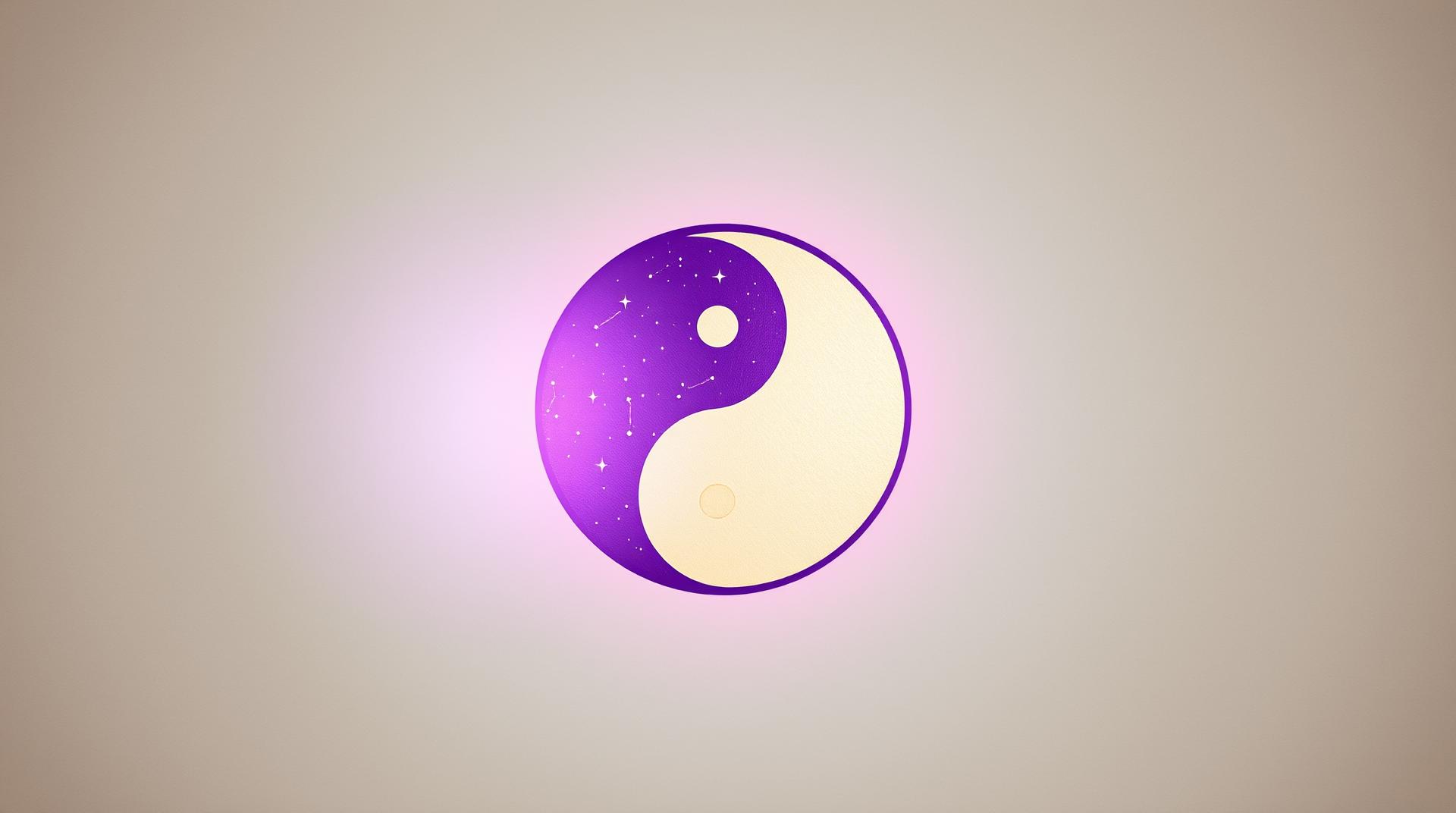 A softly glowing Yin-Yang symbol embedded in gradient purple-gold star trails, low contrast muted tones blending with #967BB6, silk scroll texture with faint ink wash effects, ancient Chinese astrology constellations in pale celadon, subtle rice paper overlay with foxing marks, wuxia-style mystical atmosphere --ar 16:9 --v 5 --no text