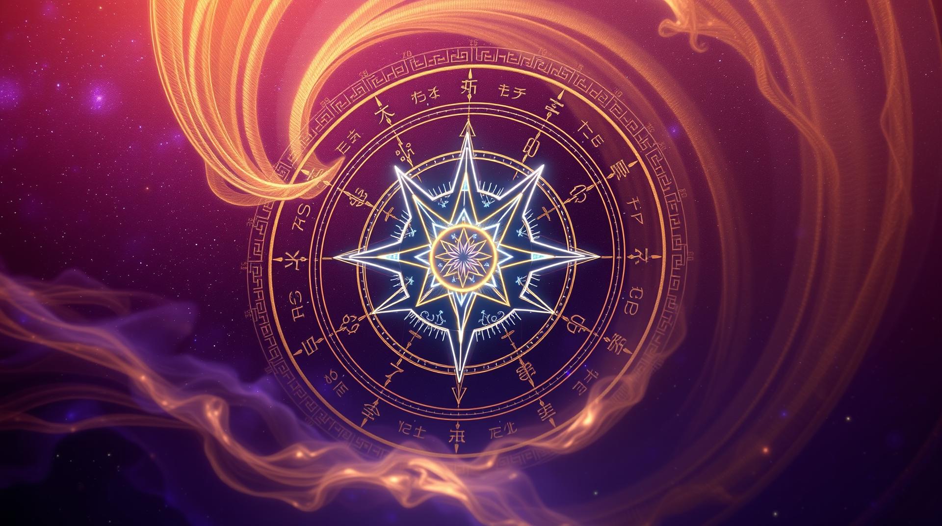 A majestic glowing Ziwei Star surrounded by ancient Chinese astrology constellations, intricate celestial compass with flowing star trails, mystical purple and gold cosmic nebula background, traditional silk scroll texture overlay, hyper-realistic unreal engine rendering, mysterious aura lighting, traditional Chinese divination symbols --ar 16:9 --v 5 --no text