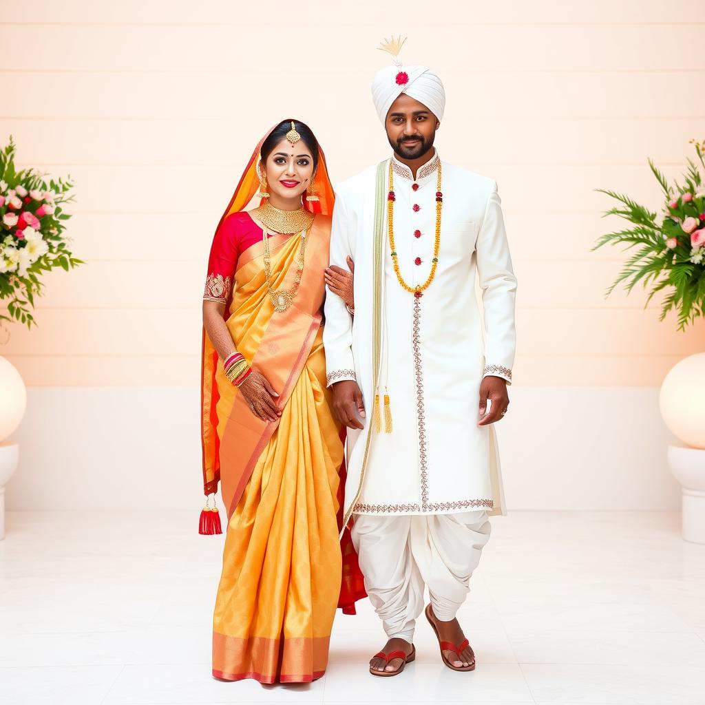 indian bride in saree and groom in white color dhoti