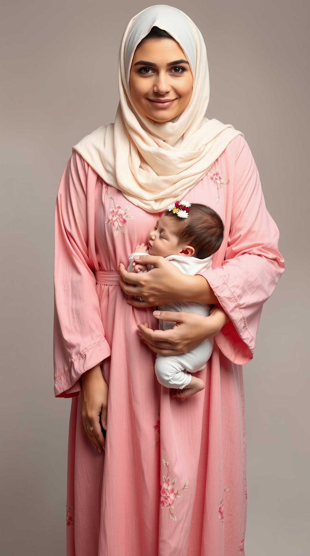 A long shot of three faces of a standing Iranian mother wearing a robe that reaches down to her feet. The color of the mother's dress is soft pink and has delicate, delicate flowers embroidered on it. The mother's headscarf is cream and covers her chest.
The mother's head and gaze are completely towards the camera. She is hugging her newborn child with great love and kindness and a gentle smile. One of the mother's hands is wrapped around the child's waist and the other is under the child's feet.
The child has left her mother's arms and is sleeping. The child's head is lying on the mother's chest and is turned towards the camera.
A thread made of real flowers is placed on the child's head. The child is dressed in a white jumpsuit.
