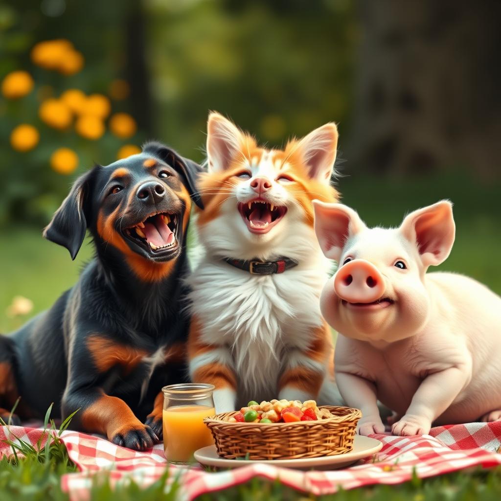A dog, cat, and pig laughing while having a picnic.