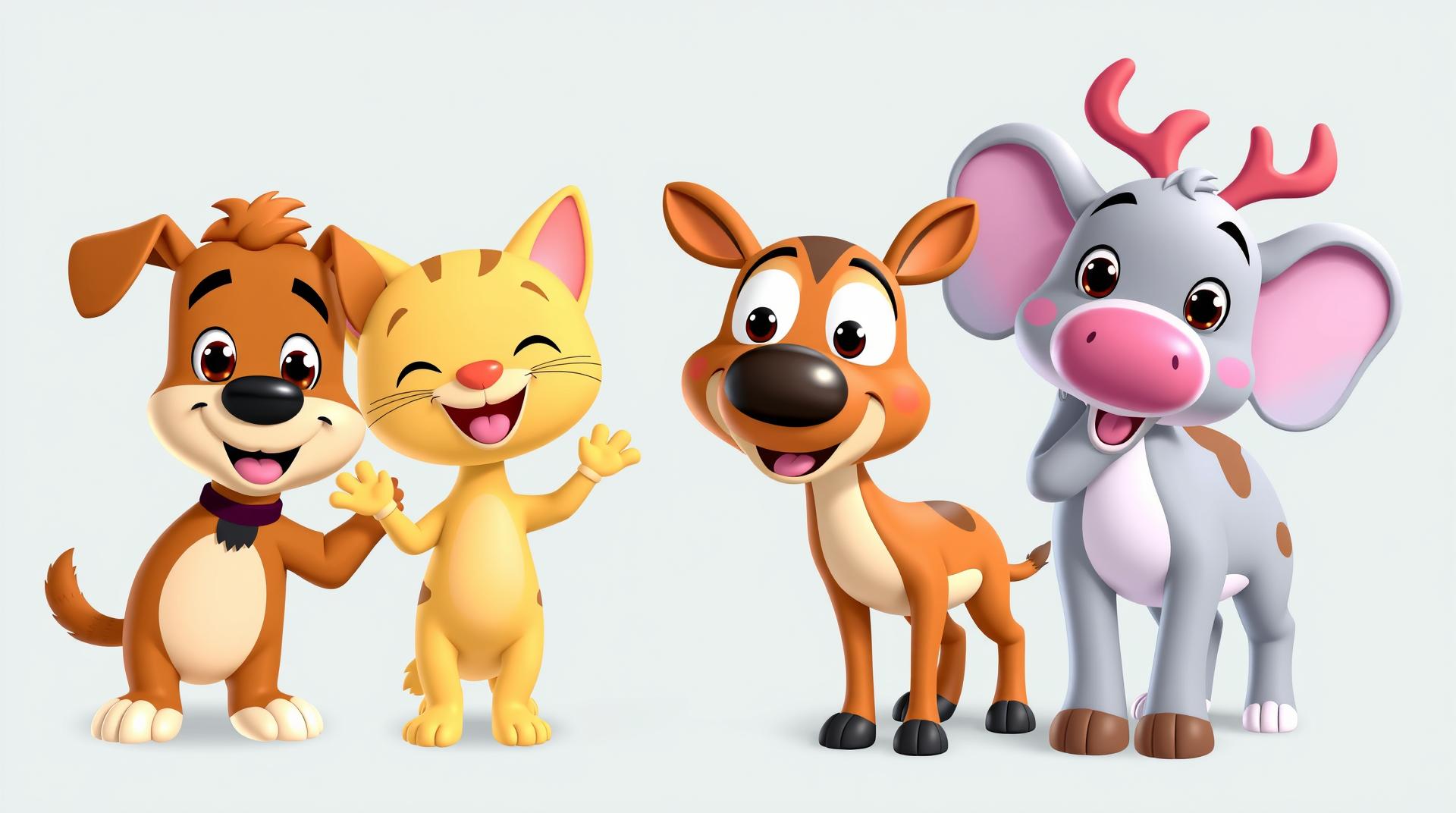 Line-up of smiling cartoon dog, cat, elephant, and deer with waving hands, glossy animation for kids.