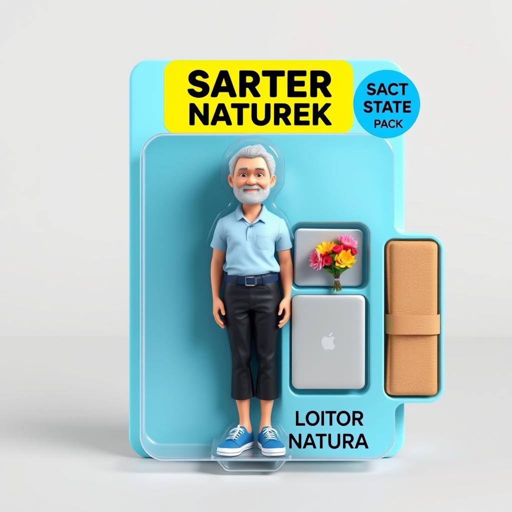 A 3D realistic action figure packaging of "Lolo Naturo", inspired by a real person with short grey hair tied back in a bun and a white beard. The figure has a kind, confident smile. He is wearing a light blue short-sleeved shirt, black cropped pants (pantacourt), a blue belt, and blue sneakers with white soles. The figure stands inside a clear molded plastic case, inserted into a smooth sky-blue cardboard backing. On the top, a large yellow label reads "STARTER PACK" in bold black capital letters. A small round blue sticker says "ACTION FIGURE" in the top right corner. Below the figure, "LOLO NATURO" is written in black capital letters. On the right side of the figure, neatly arranged accessories are visible inside their own molded slots: a closed silver laptop, a colorful bouquet of flowers, a hardcover book (blue or brown), and a folded beige massage table. The lighting is clean and bright, minimalistic light grey background, front-facing view, professional product shot style.