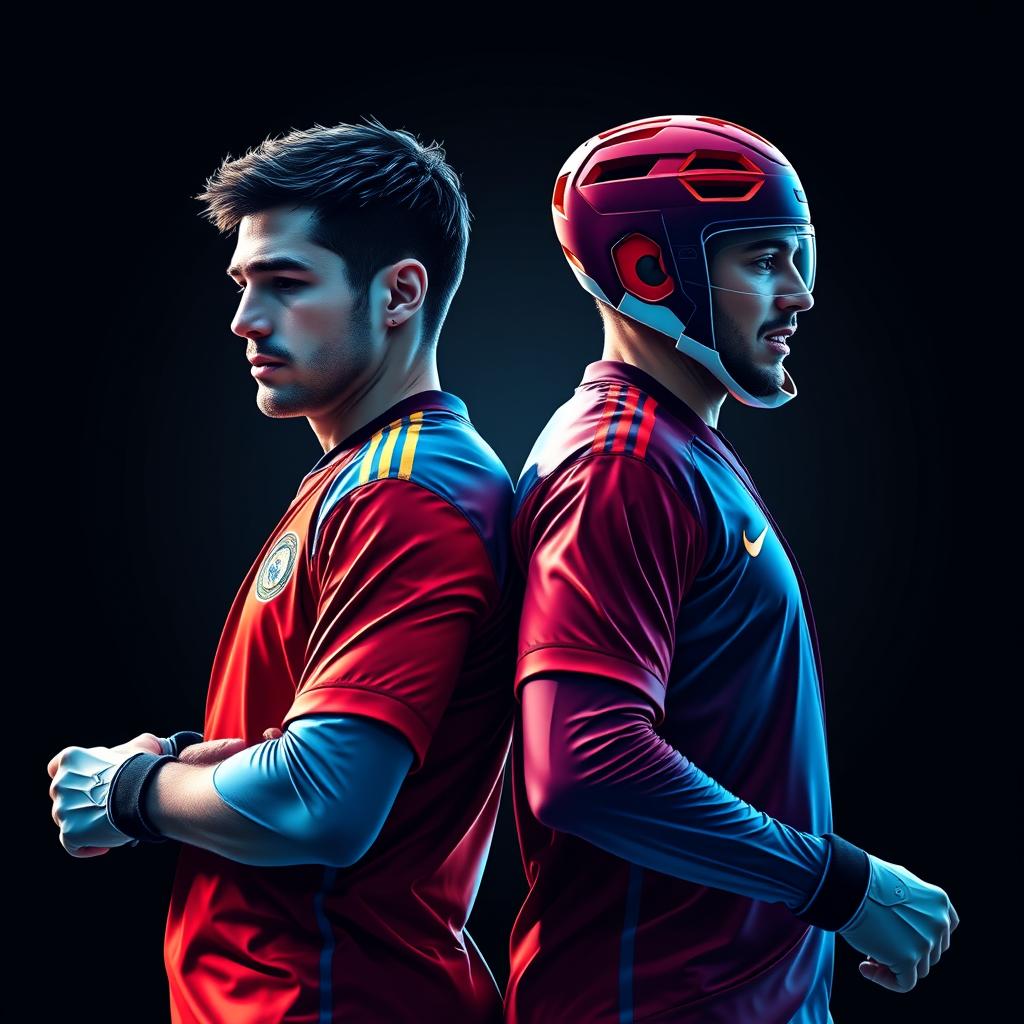 Dois jogadores de hóquei no gelo em estilo arte digital com traços inspirados em vitrais. O jogador da esquerda usa uniforme azul com detalhes amarelos, e o da direita usa uniforme vermelho com detalhes azul-escuros. Eles estão de costas um para o outro, mas com o rosto parcialmente visível, virados em perfil (o azul olhando para a esquerda e o vermelho para a direita). A pose deles mostra tensão, como se estivessem prontos para a ação, com os tacos abaixados próximos ao disco de hóquei no chão. Fundo escuro com iluminação dramática, estilo vibrante, com linhas espessas e cores fortes, mantendo o visual original dinâmico e energético.