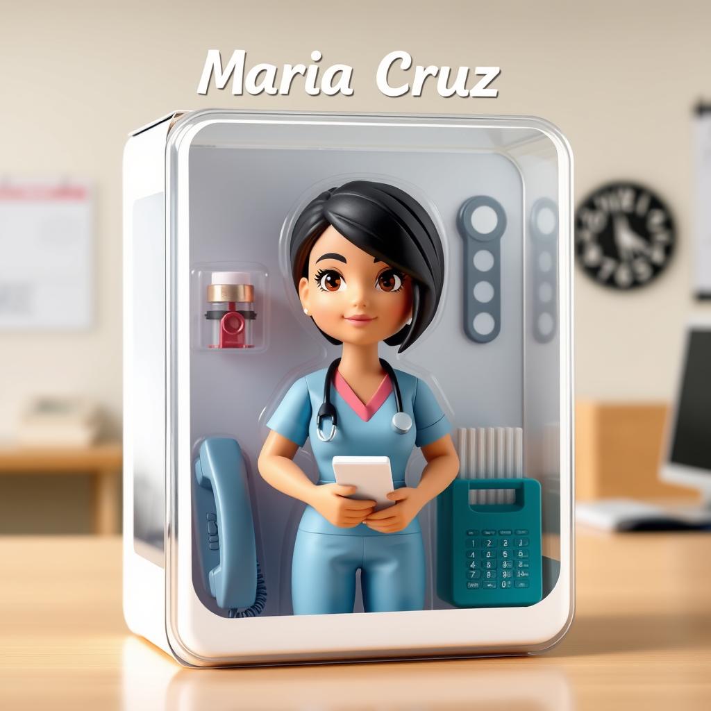 create a 3D toy of a lady, light tan skin, black hair comb to the side let it be an action figure, wearing nurses scrubs, with the name Maria Cruz on top of the box, medical office in the background, THE PACKAGE SHOULD BE CLEAR PLASTIC, SHOWCASING ALONG WITH ACCESSORIES like a telephone, computer, notepad.