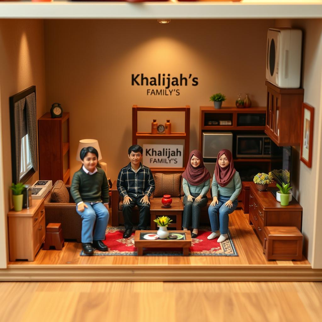 Create a highly detailed, high-quality action figure in a handmade dollhouse style, based on the uploaded photo.
Specific Instructions:
Individual Figures:
Include one high-quality, full-sized toy figure for each individual in the photo. There are 8 people in the image. Each figure must be accurately scaled and fully visible within the dollhouse environment, replicating their exact appearance, clothing, and pose from the original photo.
Environment:
The entire room should depict a modern Malay living room atmosphere.
Furniture, appliances, accessories, wall decorations, flooring, and lighting must be designed to match the exact style and arrangement from the original image.
Use handmade textures, miniature-sized elements, and natural lighting to create a warm and cheerful setting.
Display Style:
The final image must be captured from a front-facing, wide-angle perspective, so that the entire dollhouse room is clearly visible.
The dollhouse must be placed on a real wooden floor or table to emphasize its handmade model feel.
Include a picture frame in the scene with the text "Khalijah Family's" clearly visible.